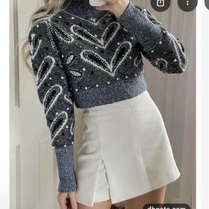 Jacquard Knit Cropped Pompoms High Neck Long Sleeve Pullover